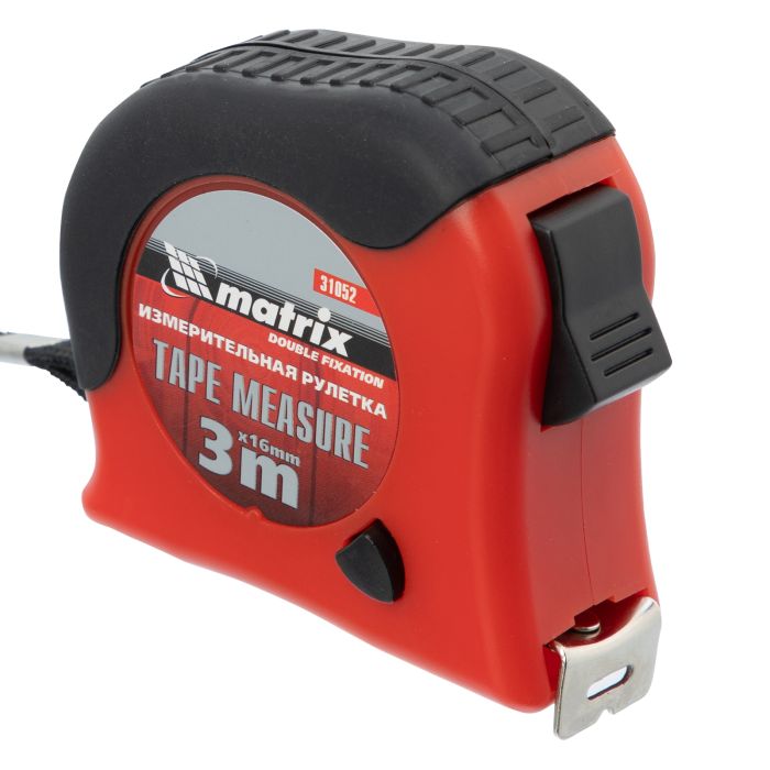 Рулетка Double fixation, 3 м х 16 мм, обрезиненный корпус, двойная плавная фиксация// Matrix