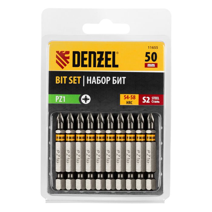 Бита PZ1х50, сталь S2, шестигранный профиль, 10 шт. Е 6,3 Denzel Бита PZ1х50, сталь S2, шестигранный профиль, 10 шт. Е 6,3 Denzel