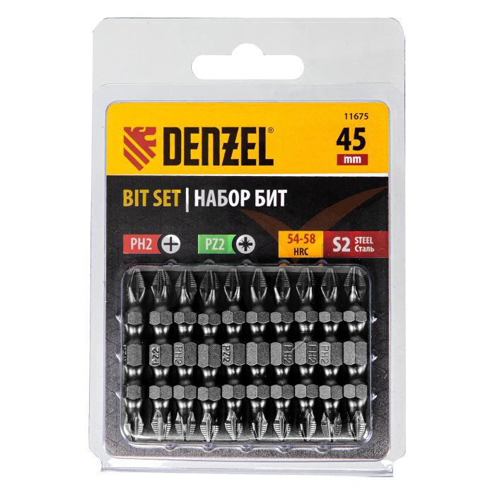 Бита двухсторонняя, PH2-PZ2 х 45 мм, сталь S2, 10 шт. Denzel