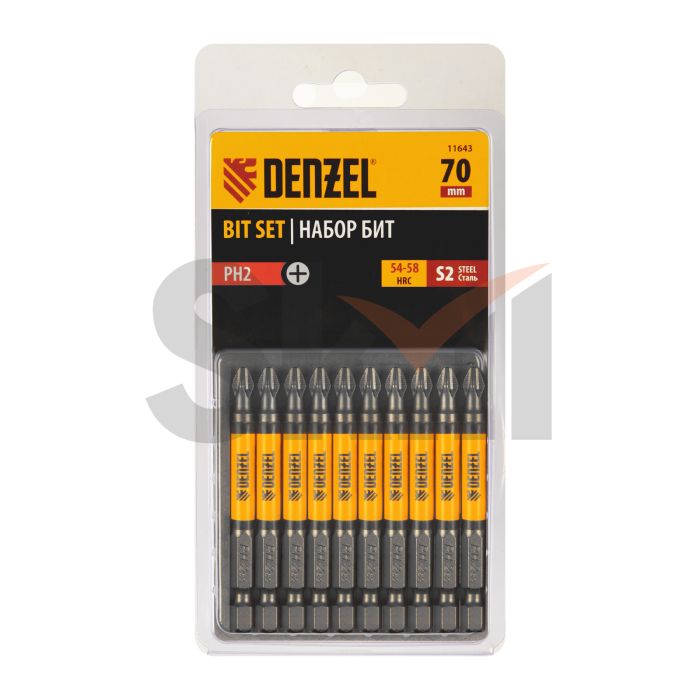 Бита PH2х70, сталь S2, цилиндр., 10 шт. Е 6,3 Denzel