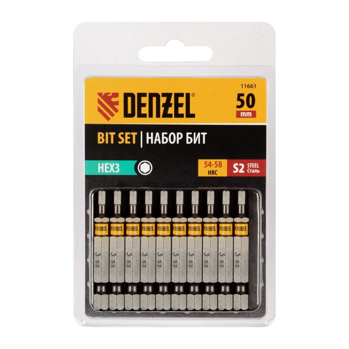 Бита HEX 3х50, сталь S2, шестигранный профиль, 10 шт. Е 6,3 Denzel Бита HEX 3х50, сталь S2, шестигранный профиль, 10 шт. Е 6,3 Denzel