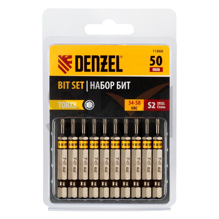 Бита TX 8х50, сталь S2, шестигранный профиль, 10 шт. Е 6,3 Denzel