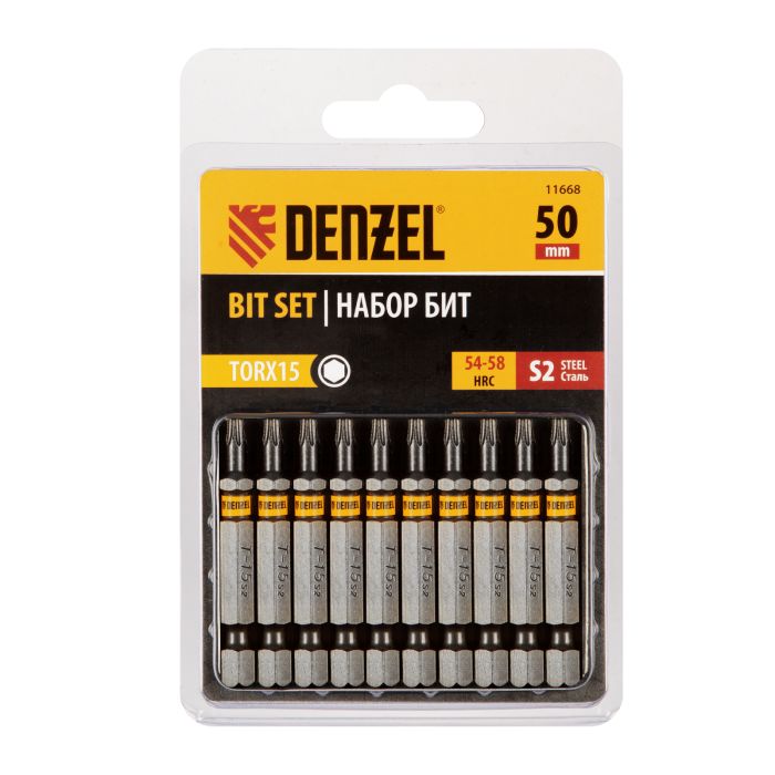 Бита TX 15х50, сталь S2, шестигранный профиль, 10 шт. Е 6,3 Denzel Бита TX 15х50, сталь S2, шестигранный профиль, 10 шт. Е 6,3 Denzel
