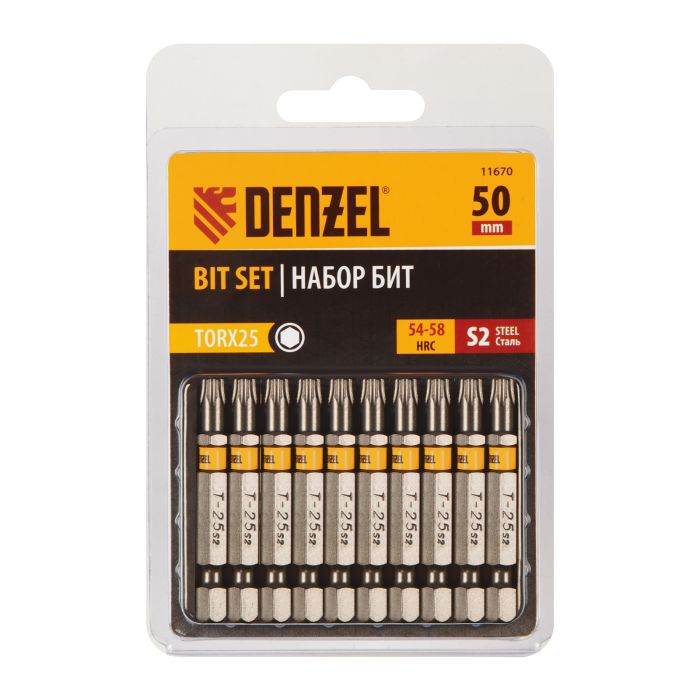 Бита TX 25х50, сталь S2, шестигранный профиль, 10 шт. Е 6,3 Denzel Бита TX 25х50, сталь S2, шестигранный профиль, 10 шт. Е 6,3 Denzel