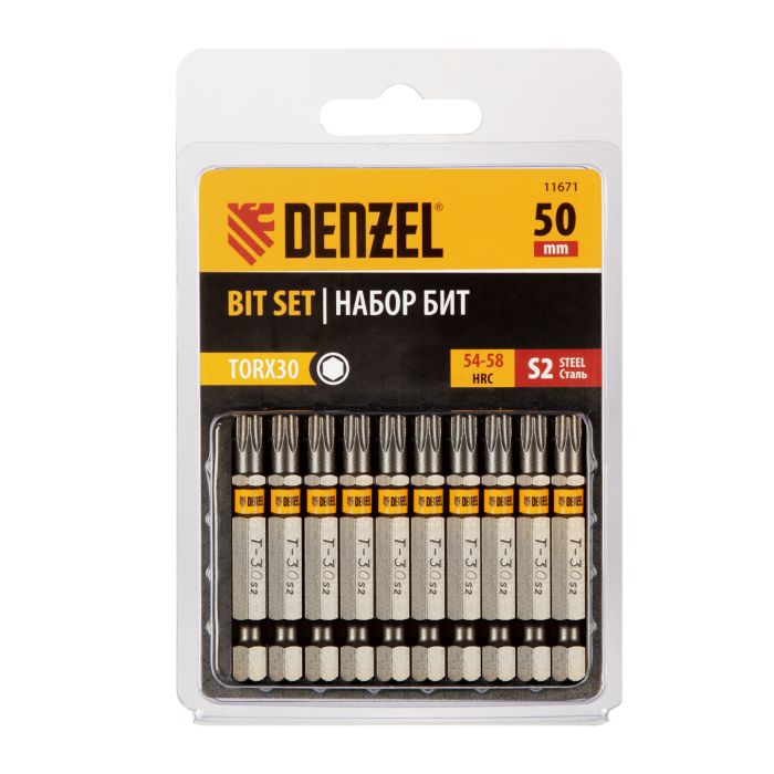 Бита TX 30х50, сталь S2, шестигранный профиль, 10 шт. Е 6,3 Denzel Бита TX 30х50, сталь S2, шестигранный профиль, 10 шт. Е 6,3 Denzel