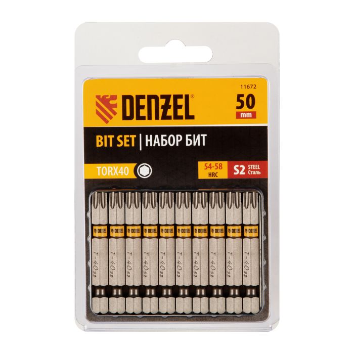 Бита TX 40х50, сталь S2, шестигранный профиль, 10 шт. Е 6,3 Denzel Бита TX 40х50, сталь S2, шестигранный профиль, 10 шт. Е 6,3 Denzel