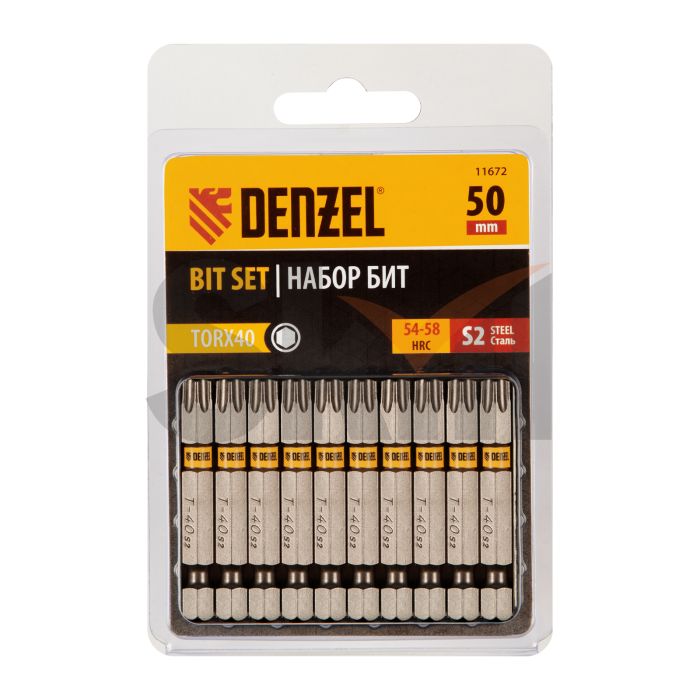 Бита TX 40х50, сталь S2, шестигранный профиль, 10 шт. Е 6,3 Denzel