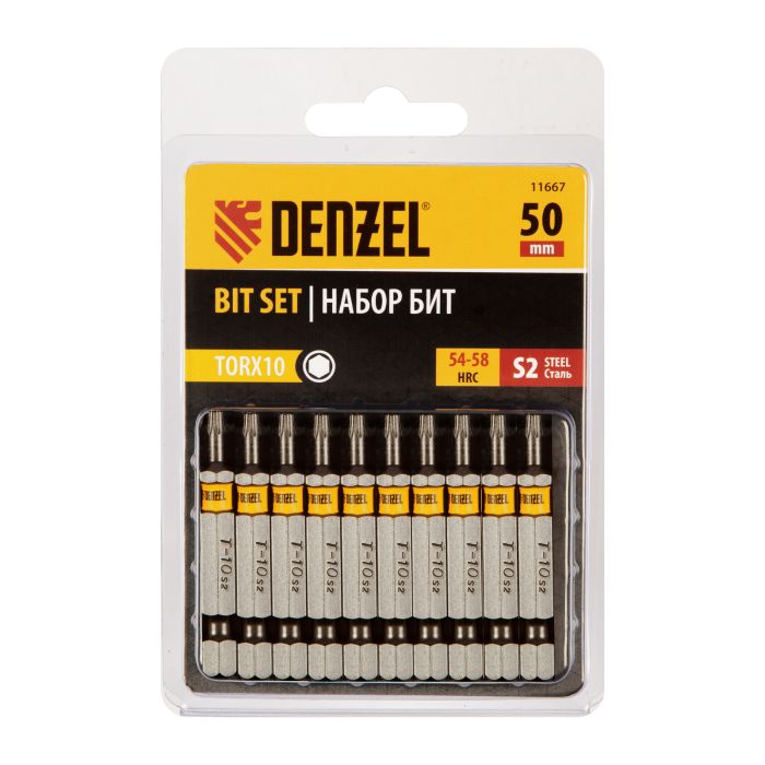 Бита TX 10х50, сталь S2, шестигранный профиль, 10 шт. Е 6,3 Denzel Бита TX 10х50, сталь S2, шестигранный профиль, 10 шт. Е 6,3 Denzel