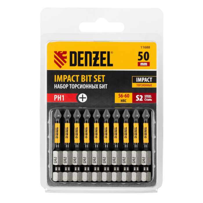 Бита IMPACT, PH1x50 мм, лазерная обработка шлица, сталь S2, 10 шт., Е 6,3 Denzel Бита IMPACT, PH1x50 мм, лазерная обработка шлица, сталь S2, 10 шт., Е 6,3 Denzel