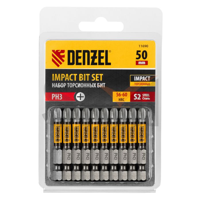 Бита IMPACT, PH3x50 мм, лазерная обработка шлица, сталь S2, 10 шт., Е 6,3 Denzel