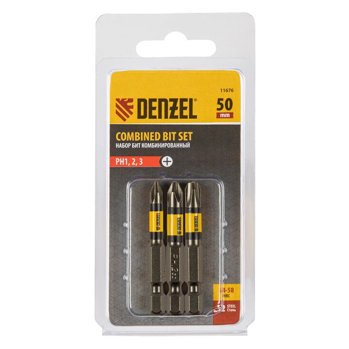 Набор бит комбинированный 3 шт., РН1, РН2, РН3, 50 мм, сталь S2 Denzel Набор бит комбинированный 3 шт., РН1, РН2, РН3, 50 мм, сталь S2 Denzel