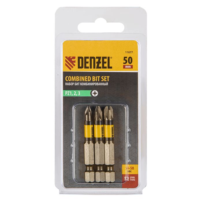 Набор бит комбинированный 3 шт., PZ1, PZ2, PZ3, 50 мм, сталь S2 Denzel Набор бит комбинированный 3 шт., PZ1, PZ2, PZ3, 50 мм, сталь S2 Denzel