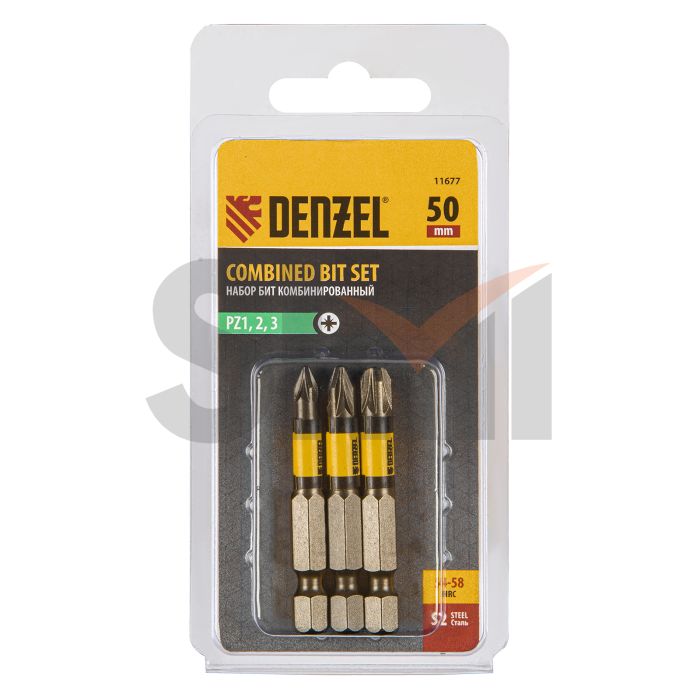 Набор бит комбинированный 3 шт., PZ1, PZ2, PZ3, 50 мм, сталь S2 Denzel