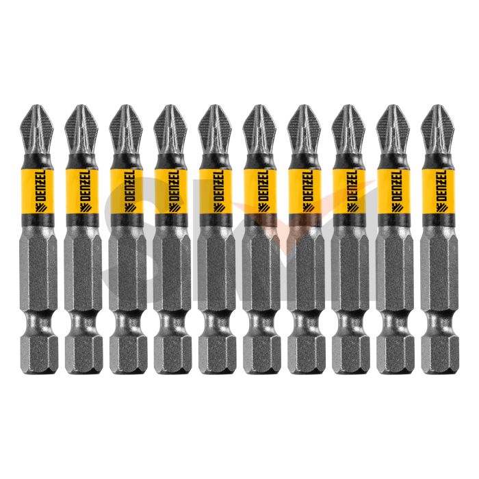 Бита PZ2х50, сталь легированная S2, 10 шт., круглый профиль, отрывная упаковка, , Е 6,3 Denzel