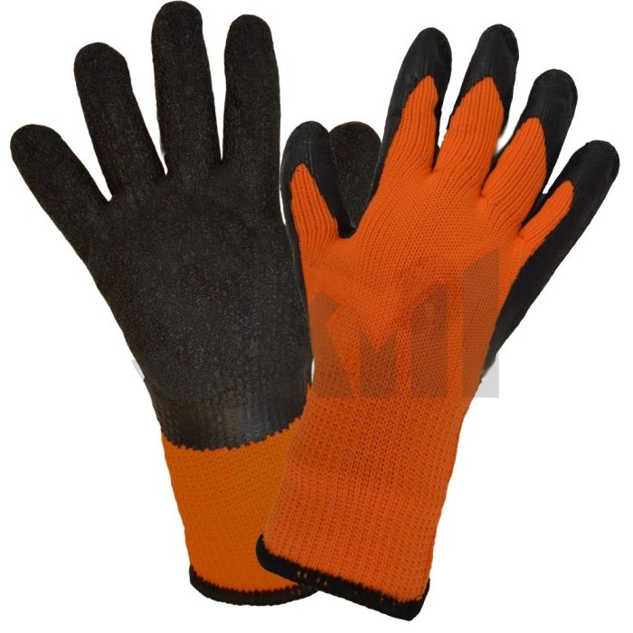 Перчатки хб/пэ 10G с рельефным латексным покрытием, оранжевый/черный (65гр), 1/240 (12) (10)