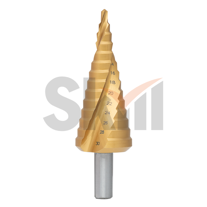 Ступенчатое сверло со спиральной канавкой HSS M2, покрытие TiN, 14 ступеней, 4-30мм