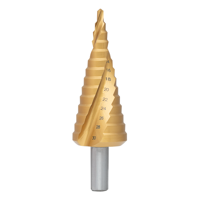 Ступенчатое сверло со спиральной канавкой HSS M2, покрытие TIN, 15 ступеней, 4-32 мм