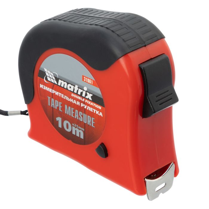 Рулетка Double fixation, 10 м х 25 мм, обрезиненный корпус, двойная плавная фиксация// Matrix