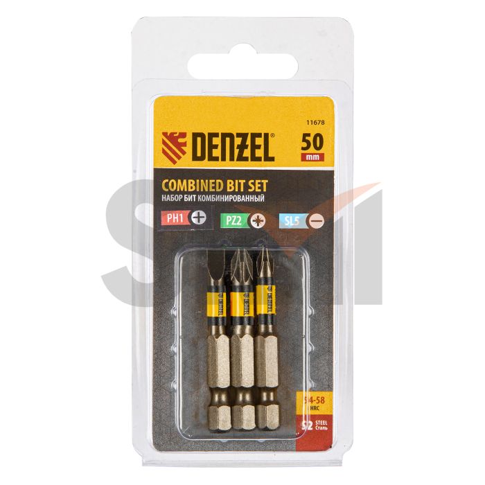 Набор бит комбинированный 3 шт., PH2, PZ2, SL5, 50 мм, сталь S2 Denzel