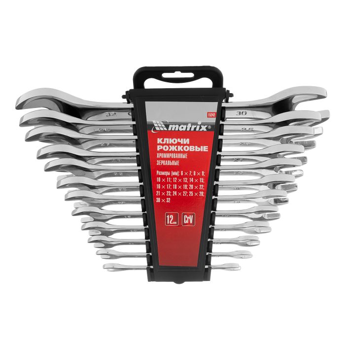 Набор ключей рожковых 12 шт, (6-32мм) CrV, EllipticaL зеркальное хромирование Matrix Набор ключей рожковых 12 шт, (6-32мм) CrV, EllipticaL зеркальное хромирование Matrix