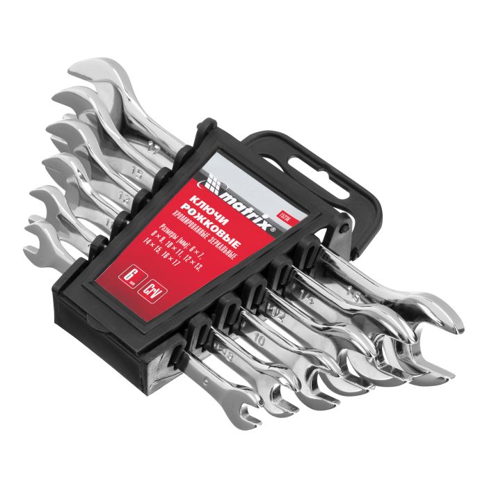 Набор ключей рожковых 6 шт, 6-17 мм, CrV, Elliptical, зеркальное хромирование Matrix Набор ключей рожковых 6 шт, 6-17 мм, CrV, Elliptical, зеркальное хромирование Matrix