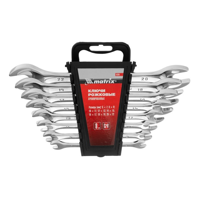 Набор ключей рожковых 8 шт, 6-22мм, CrV, Elliptical, зеркальное хромирование Matrix Набор ключей рожковых 8 шт, 6-22мм, CrV, Elliptical, зеркальное хромирование Matrix